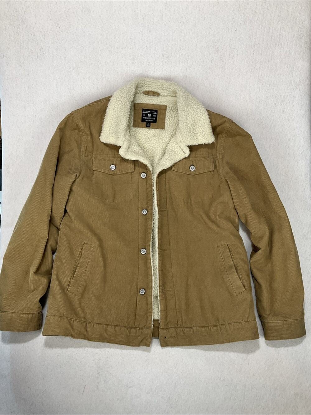 Distortion Mens Tan Corduroy Sherpa Lined Trucker Jacket Brown Size Large *Flaw